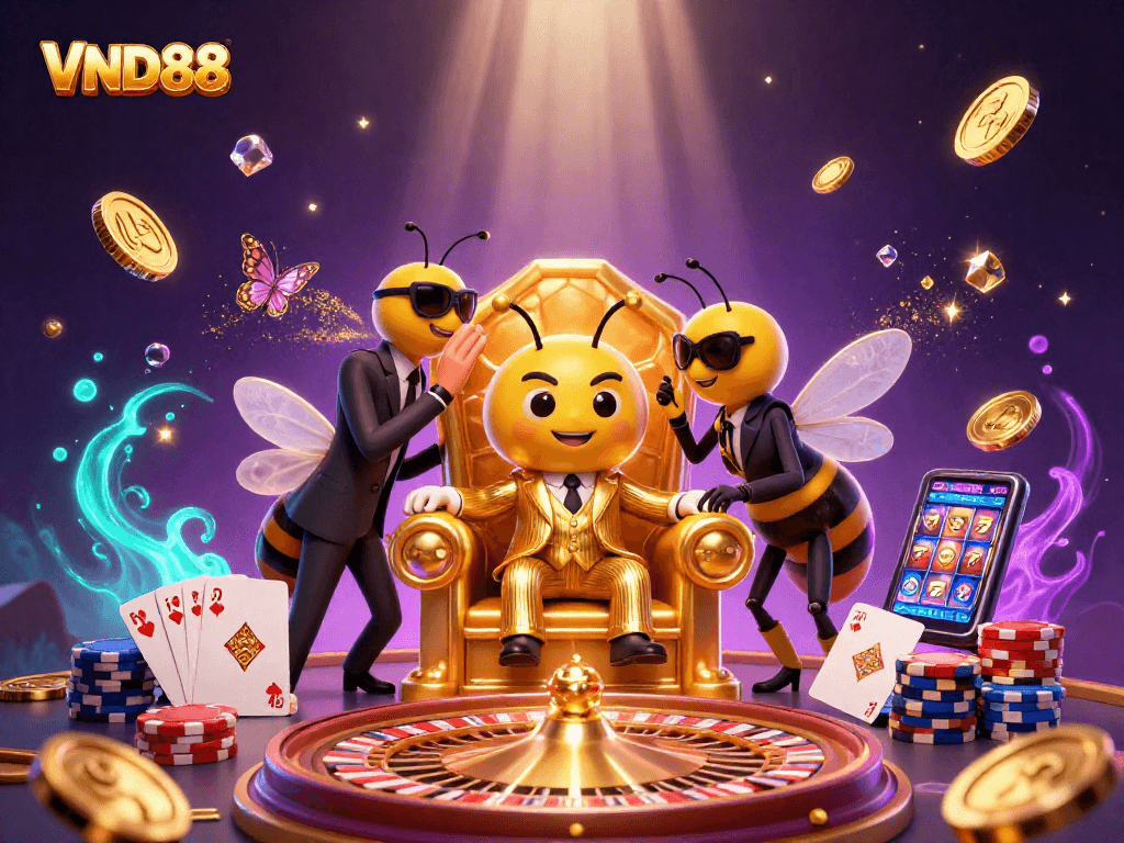Spin to win with VND88 as a bumblebee mob boss presides in a vibrant casino scene.