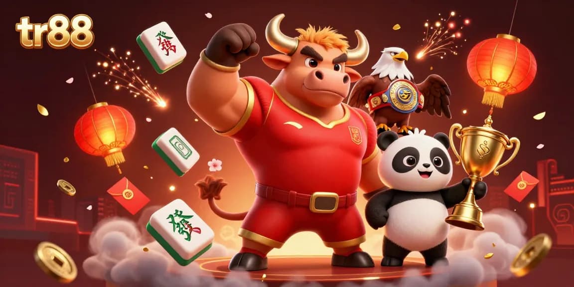 Engage with tr88's thrilling casino world featuring a victorious bull mascot, golden trophies, and dynamic game elements.