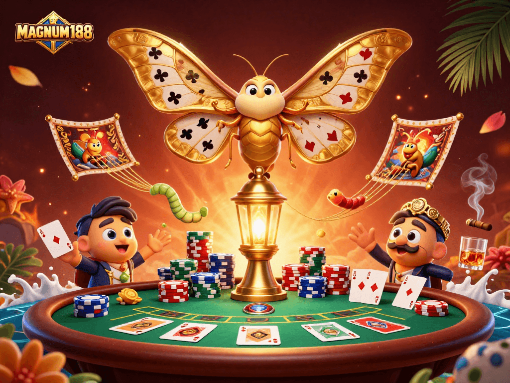 Experience the excitement of MAGNUM188 with a vibrant casino-themed 3D illustration showcasing poker and gambling elements.