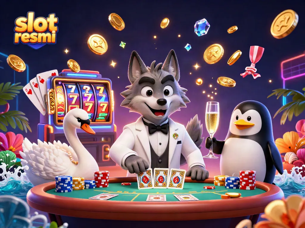 Spin and win with slot resmi featuring a debonair wolf, elegant swan, and penguin sommelier.