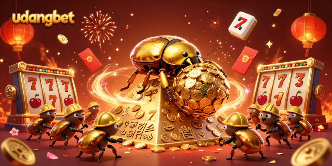 Experience udangbet excitement with vibrant casino-themed illustration featuring golden beetles and slot reels.