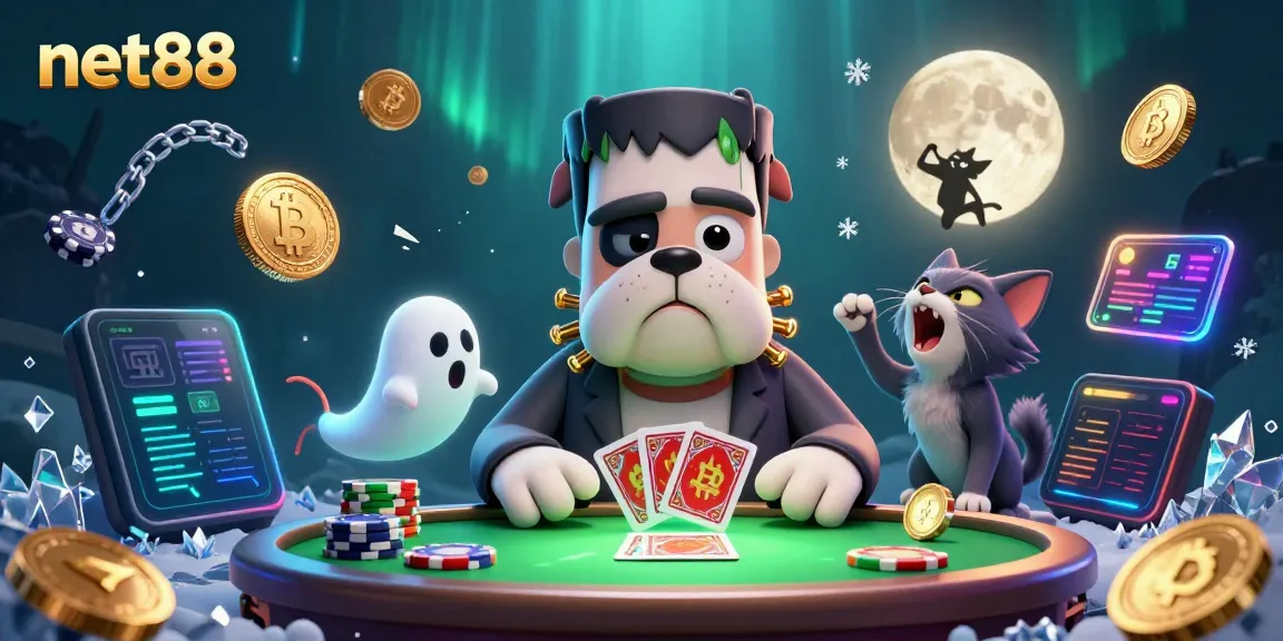 Engage in thrilling gameplay at net88 with a spooky, vibrant casino scene featuring unique characters.