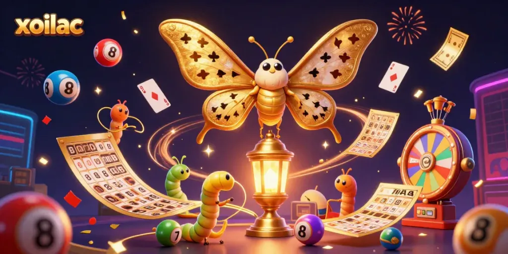 Experience exhilarating gambling fun with Xoilac's captivating 3D casino illustration featuring vibrant lottery elements.