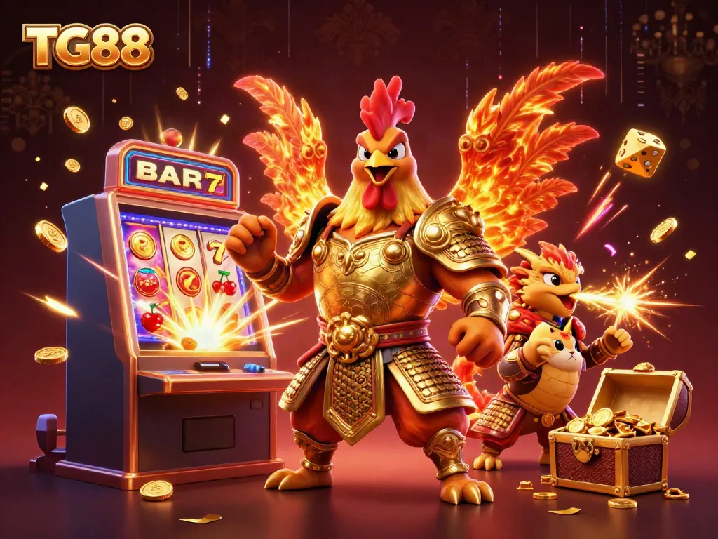 Experience thrilling casino action with TG88's dynamic 3D rooster warrior and dragon character scene.