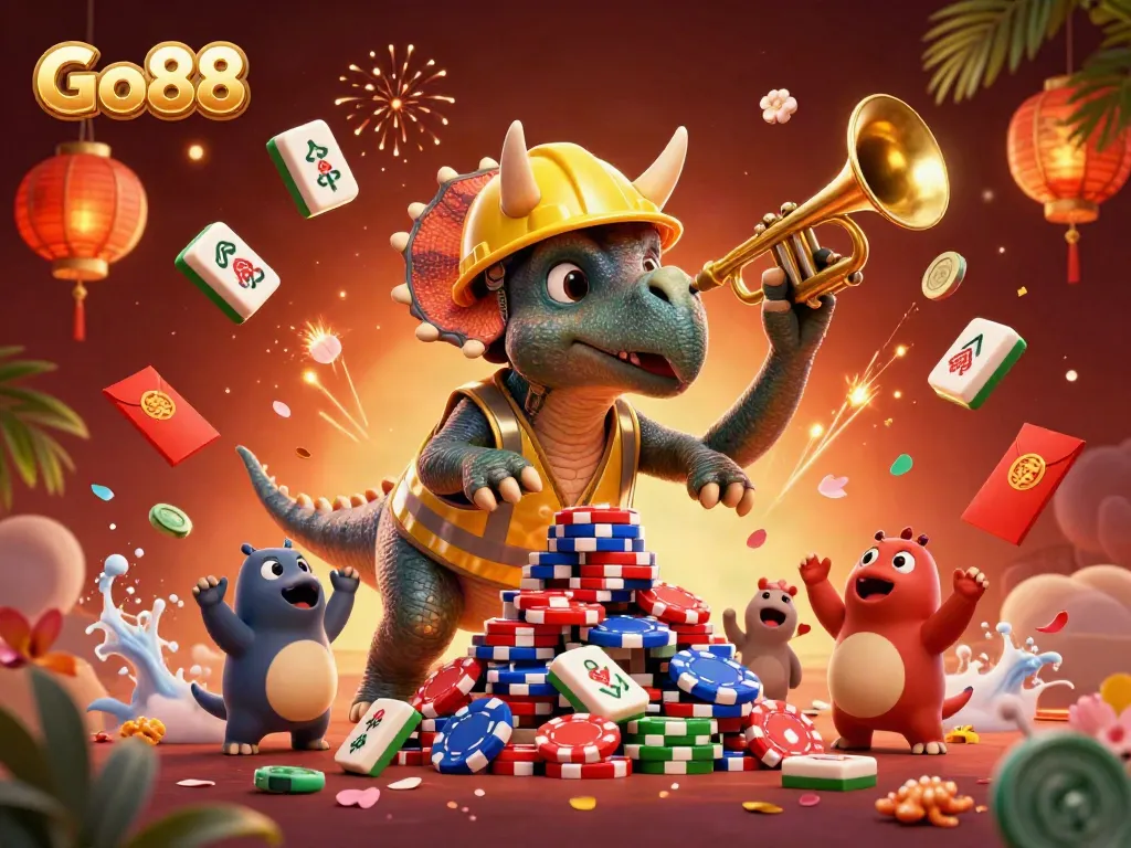Go88 features a lively 3D triceratops and friends celebrating jackpot wins among vibrant gaming elements.