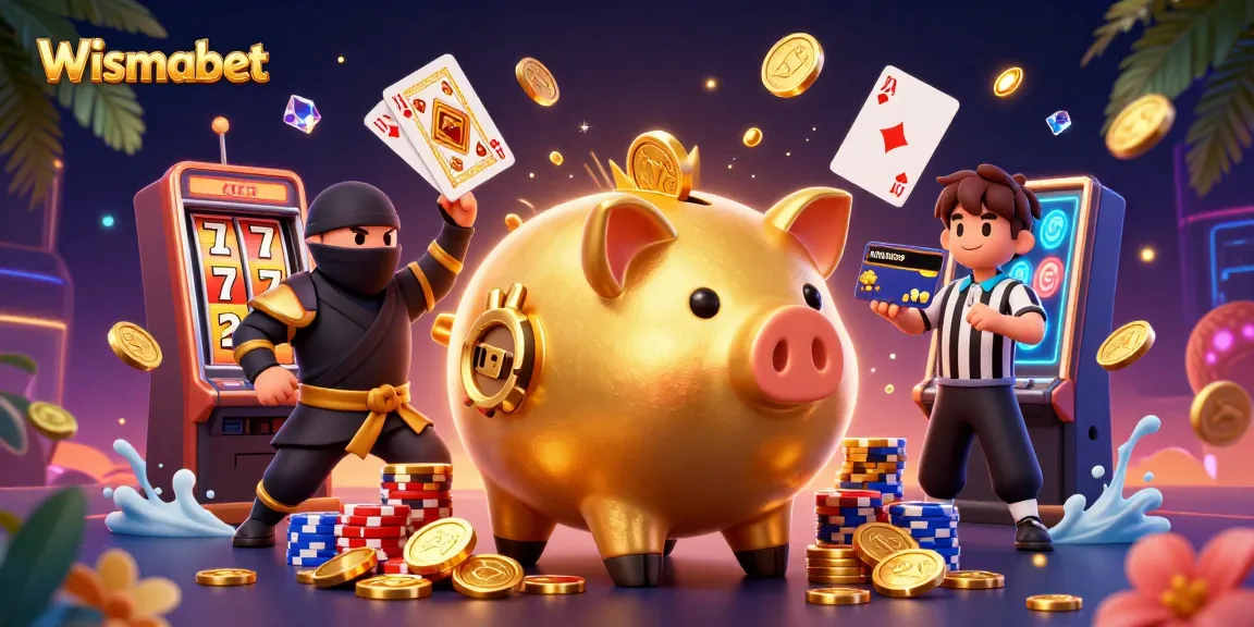 Slot permainan Wismabet yang ramai dengan karakter sumo, ninja, dan wasit sambil menghujankan koin emas.