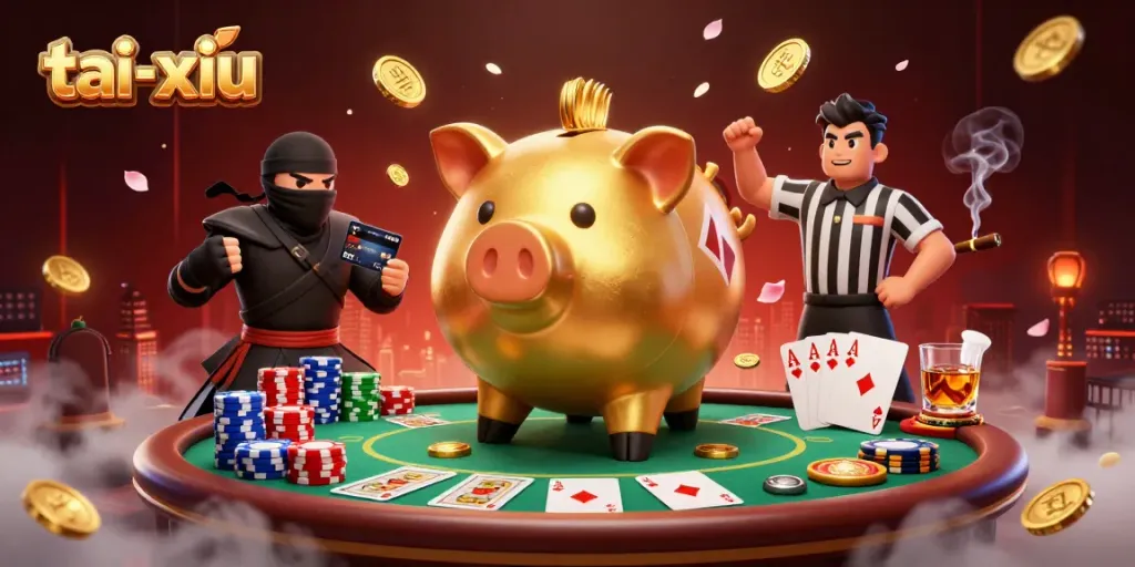 Experience the excitement of tai-xiu with a sumo wrestler, ninja, and referee in a dynamic casino scene.