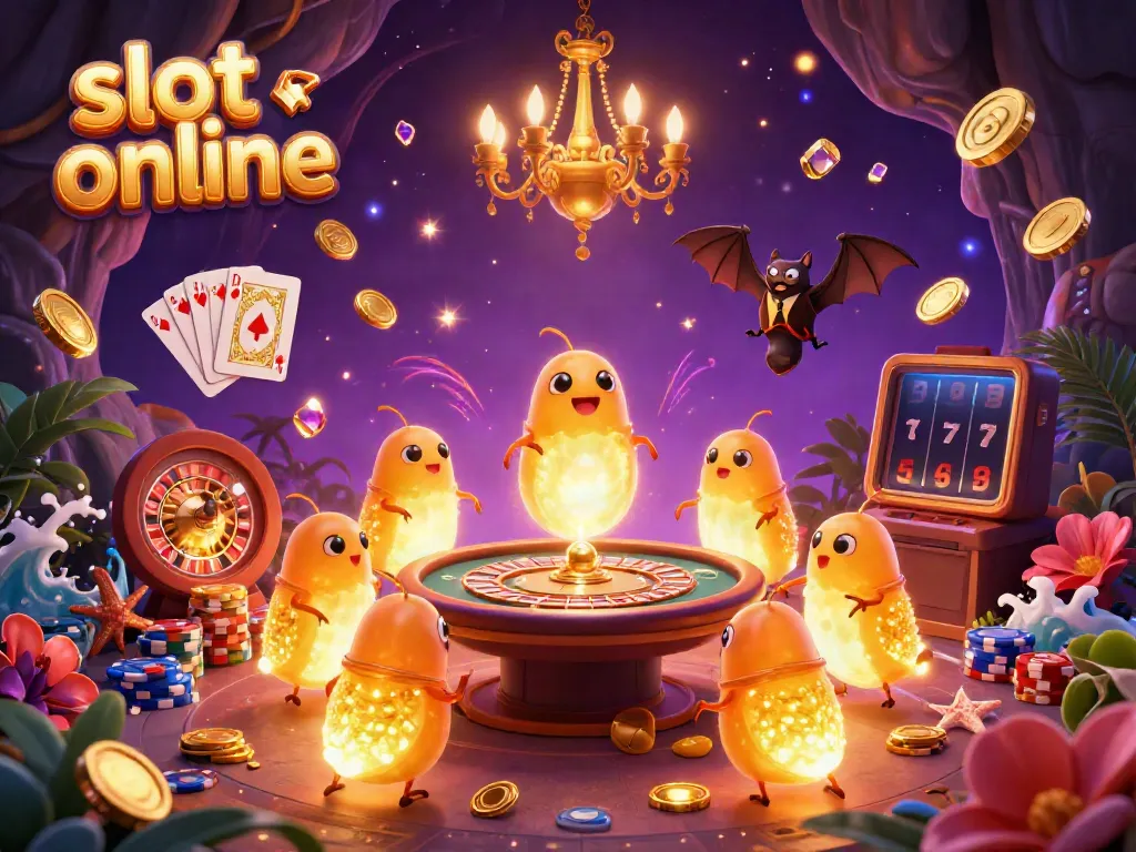 Enjoy thrilling slot online games in a vibrant 3D casino scene bathed in glowworm light.