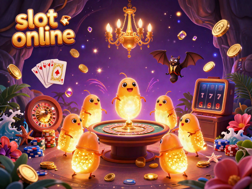 Enjoy thrilling slot online games in a vibrant 3D casino scene bathed in glowworm light.