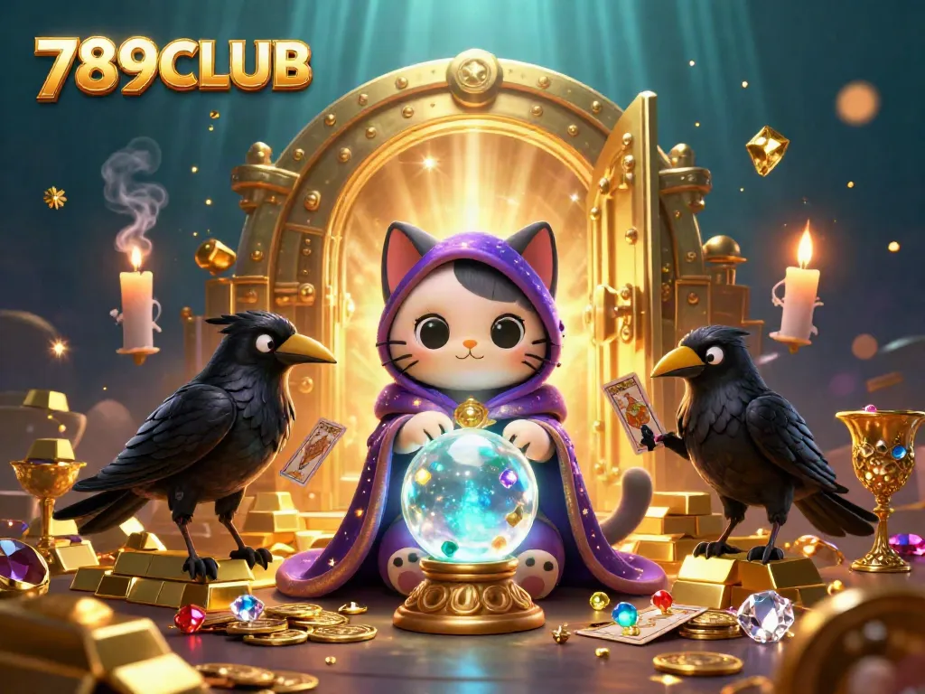 Engaging scene of 789CLUB's game elements with a fortune teller cat, raven, and treasure details.