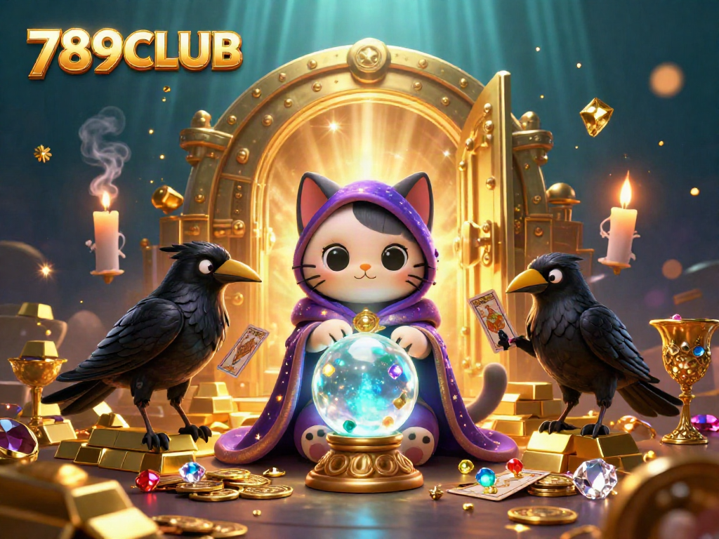 Engaging scene of 789CLUB's game elements with a fortune teller cat, raven, and treasure details.