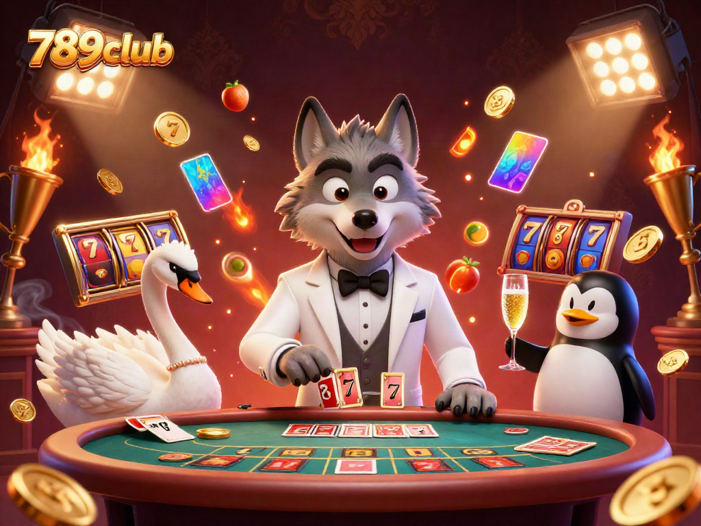 Experience thrilling gameplay at 789club with engaging characters at a baccarat table amidst dynamic slot elements.