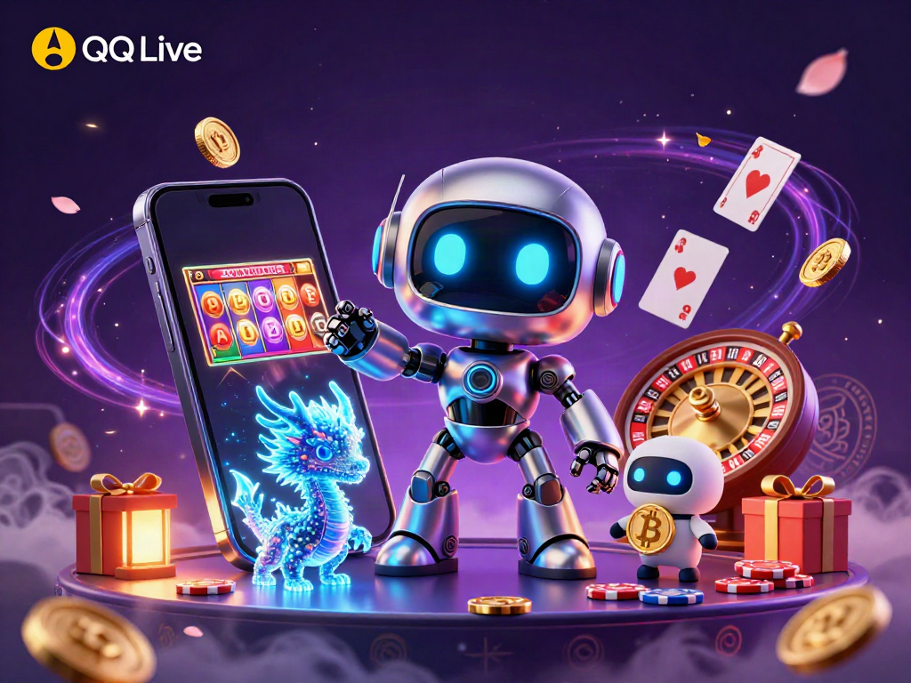Experience QQ Live with engaging casino gaming elements in a vibrant 3D illustration.