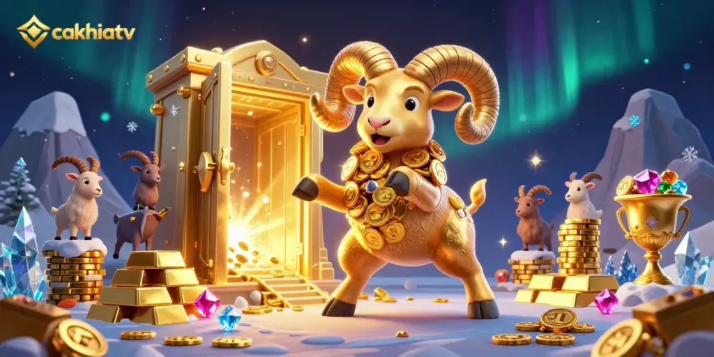 Experience the thrill of cakhiatv with a golden ram charging towards a treasure vault, surrounded by scenic casino elements.