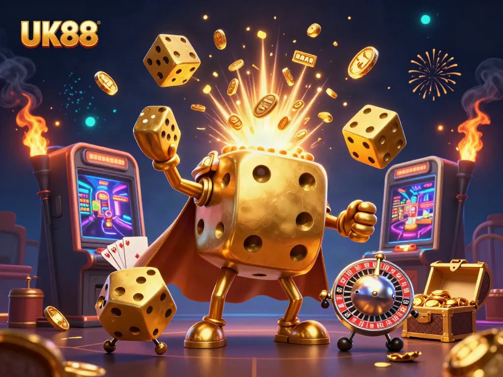 Engage with exciting gameplay at UK88, featuring a vibrant 3D casino illustration of golden dice and jackpot wins.