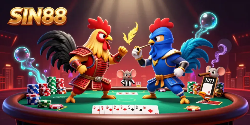 Witness the intense battle of SIN88's twin roosters, one in samurai armor and the other in ninja gear, amidst vibrant poker elements.