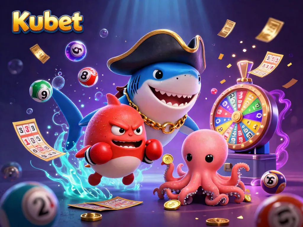 Kubet celebrates with colorful lottery balls, showcasing thrilling gambling excitement in a 3D scene.