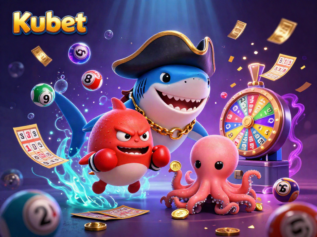 Kubet celebrates with colorful lottery balls, showcasing thrilling gambling excitement in a 3D scene.