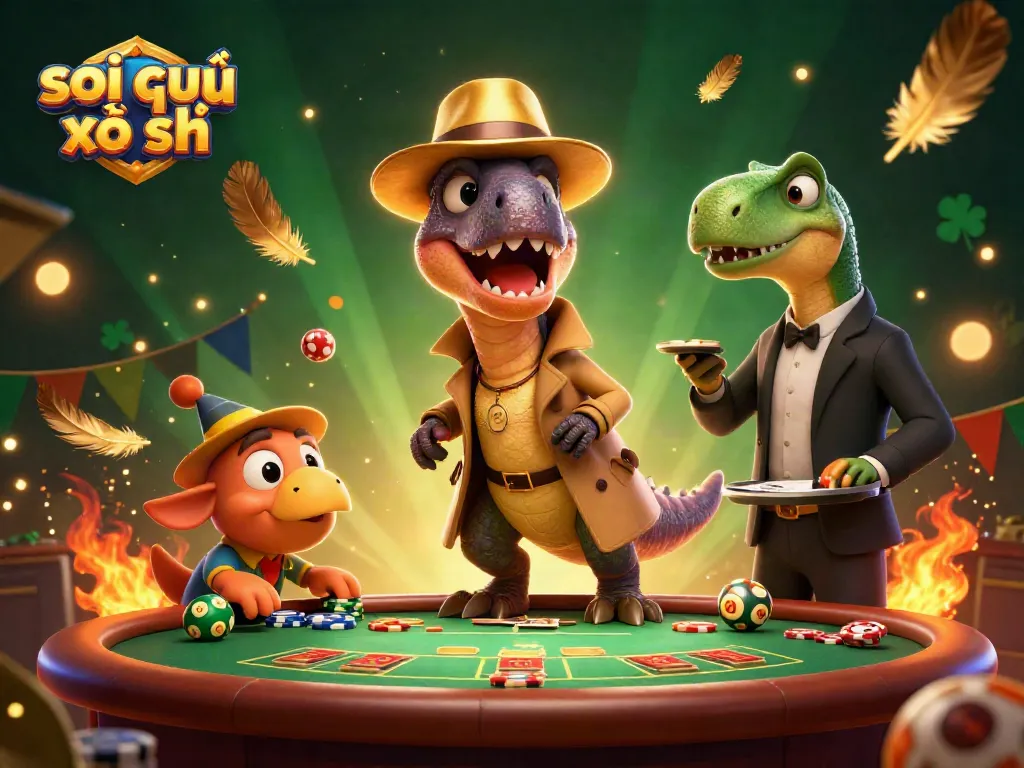 Soi cầu xổ số cartoon scene with a velociraptor card counter, stegosaurus pit boss, and compy pickpocket in a vibrant casino