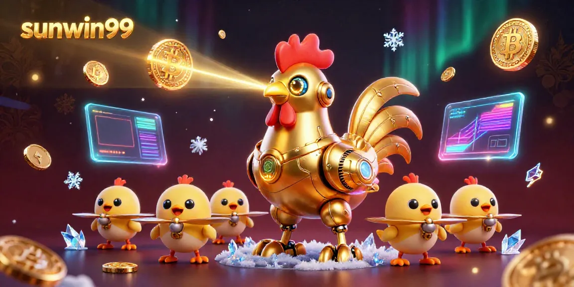 Engage in thrilling gaming action with the sunwin99 mascot, a golden rooster robot, and baby chick drones amidst glowing crypto elements.