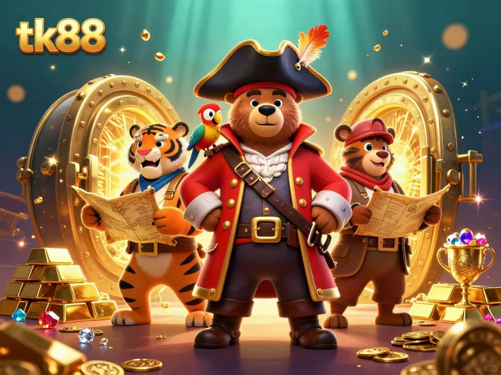 tk88 welcomes gamers with a vibrant pirate-themed casino illustration featuring treasure and jewels.