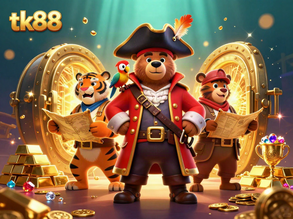 tk88 welcomes gamers with a vibrant pirate-themed casino illustration featuring treasure and jewels.