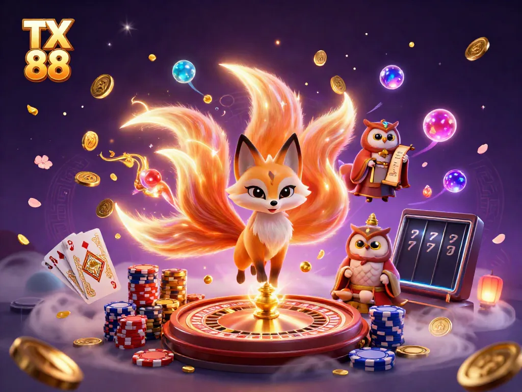 Experience gaming excitement with TX 88 featuring vibrant characters, sparkling treasures, and dynamic casino elements.