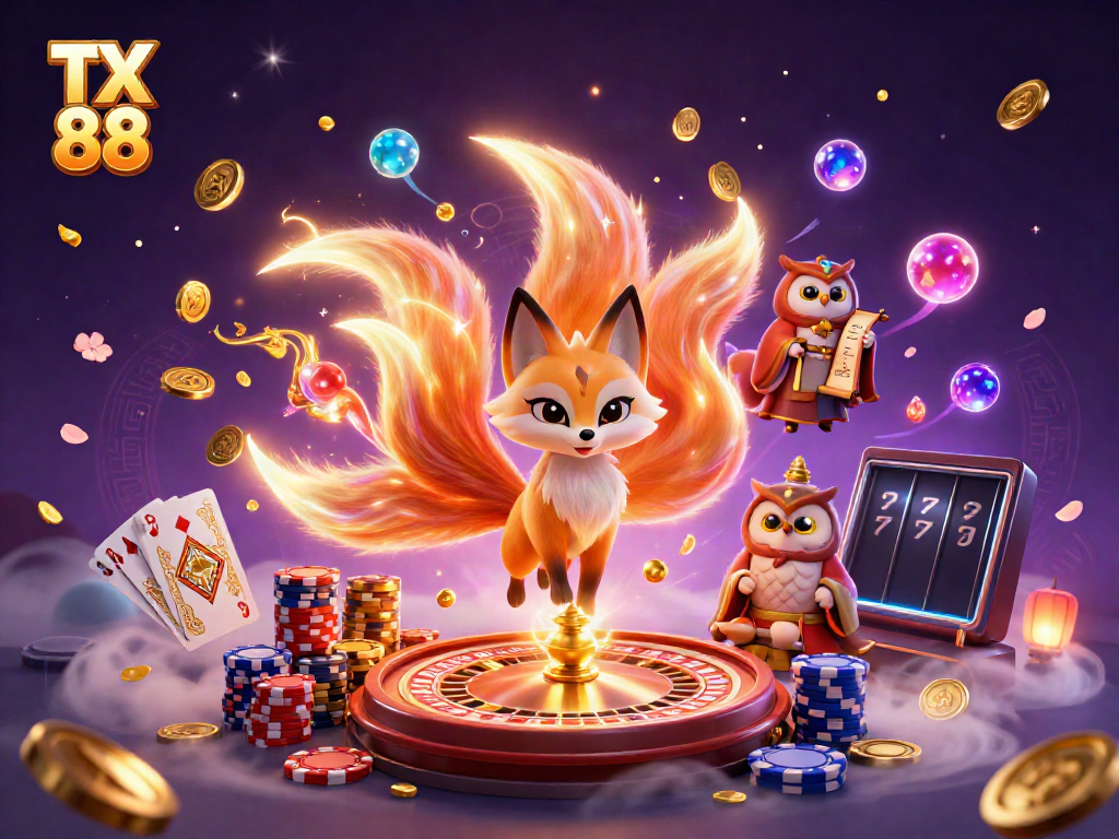 Experience gaming excitement with TX 88 featuring vibrant characters, sparkling treasures, and dynamic casino elements.