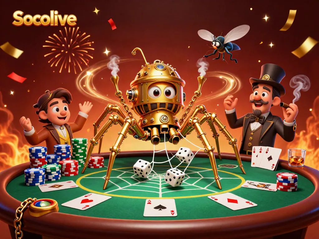 Socolive captures players' excitement with a vivid steampunk scene of poker action and celebratory confetti.