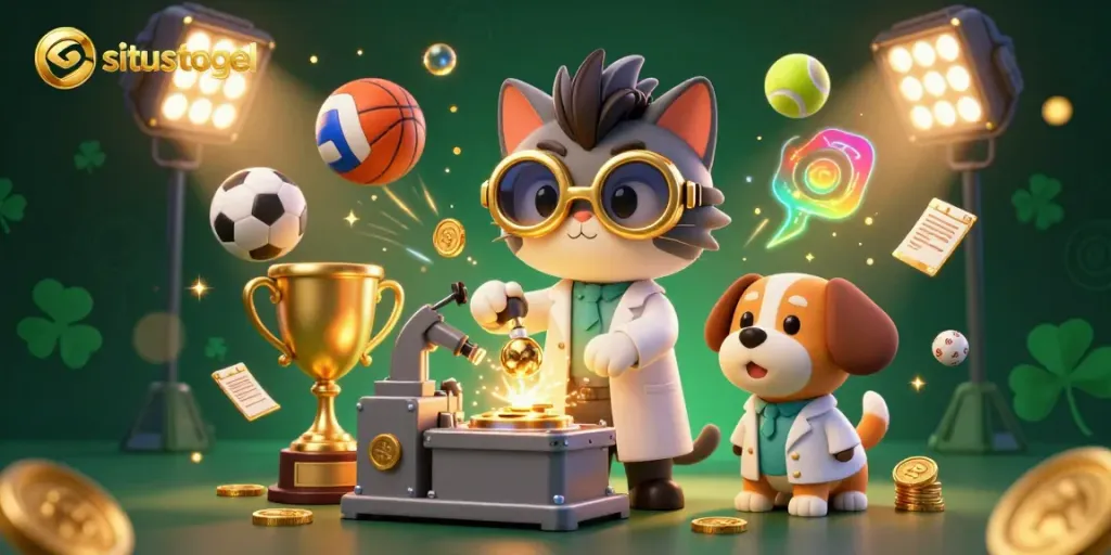 Experience the excitement of situs togel with our vibrant 3D cartoon scene featuring a mad scientist cat and his dog assistant.
