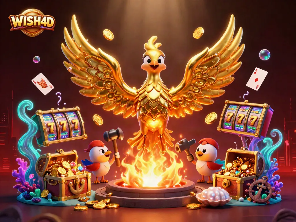 Experience exciting gaming at WISH4D with dynamic slot elements and a vivid background.
