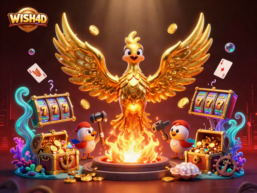 Experience exciting gaming at WISH4D with dynamic slot elements and a vivid background.