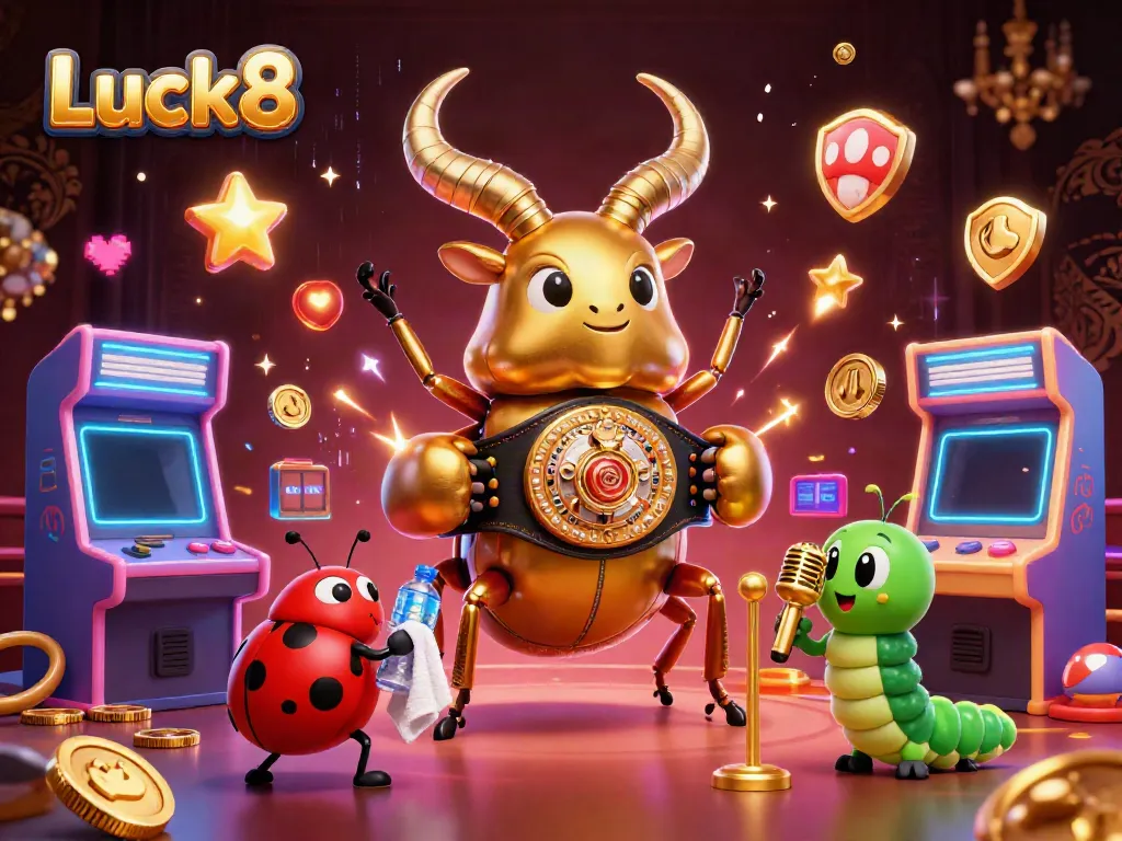 Luck8 depicts a dynamic casino scene with colorful game elements and engaging characters.