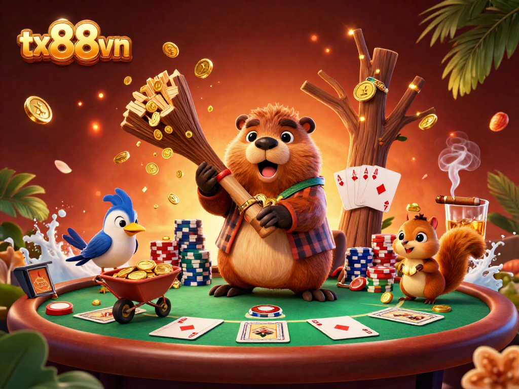 Experience thrilling gaming at tx88vn with a lively scene showcasing a beaver, bird, and squirrel in action.