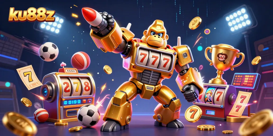 ku88z showcases a golden gorilla mech with slot machine parts, surrounded by dynamic sports elements.
