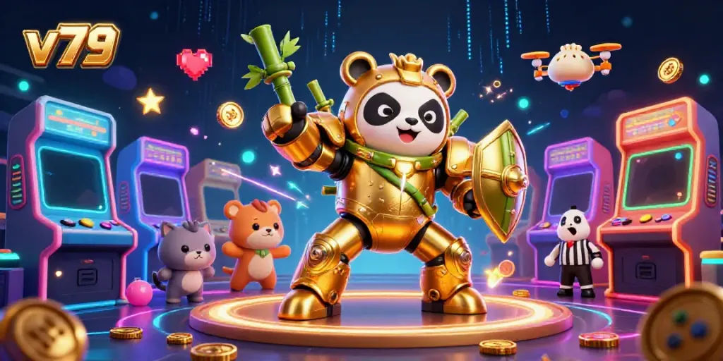 Experience thrilling gameplay with v79 as a mech-suit panda challenges in an animated casino arena.