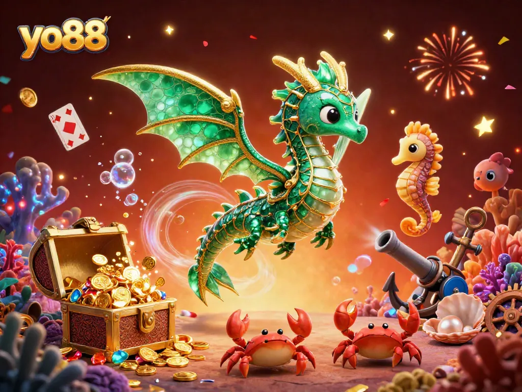 Experience the excitement of yo88 with vibrant casino illustrations featuring a sea dragon, gold coins, and game elements.