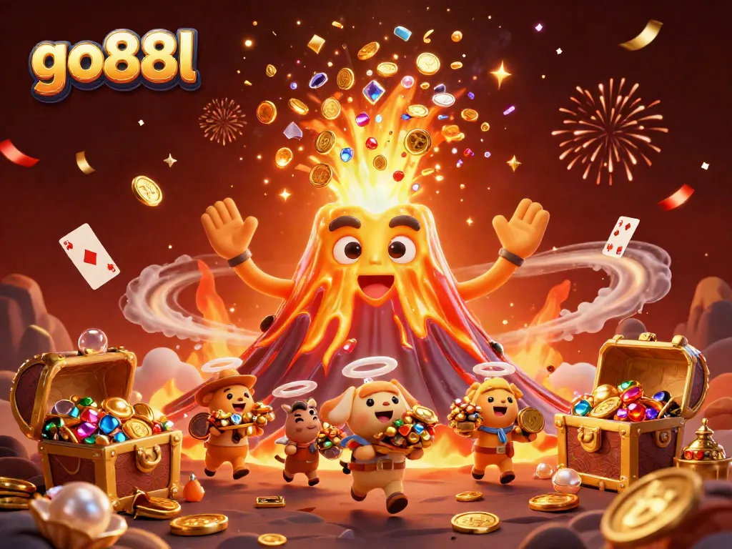 Experience winning moments at go88l, with a golden volcano erupting treasures in a vibrant casino scene.