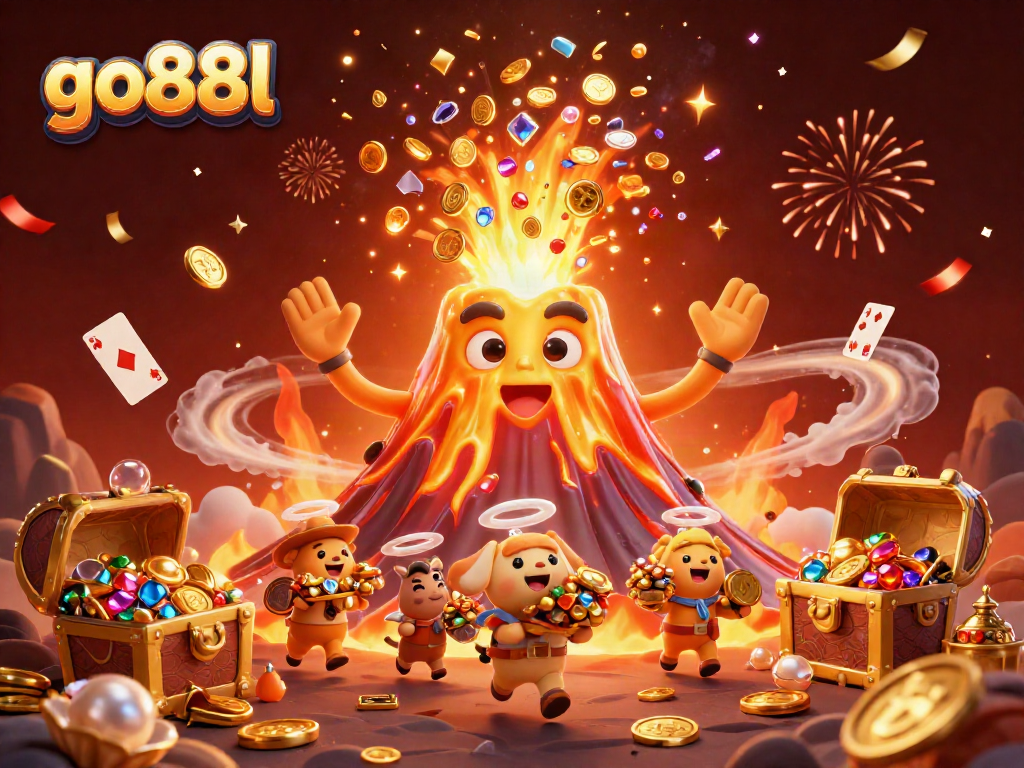 Experience winning moments at go88l, with a golden volcano erupting treasures in a vibrant casino scene.