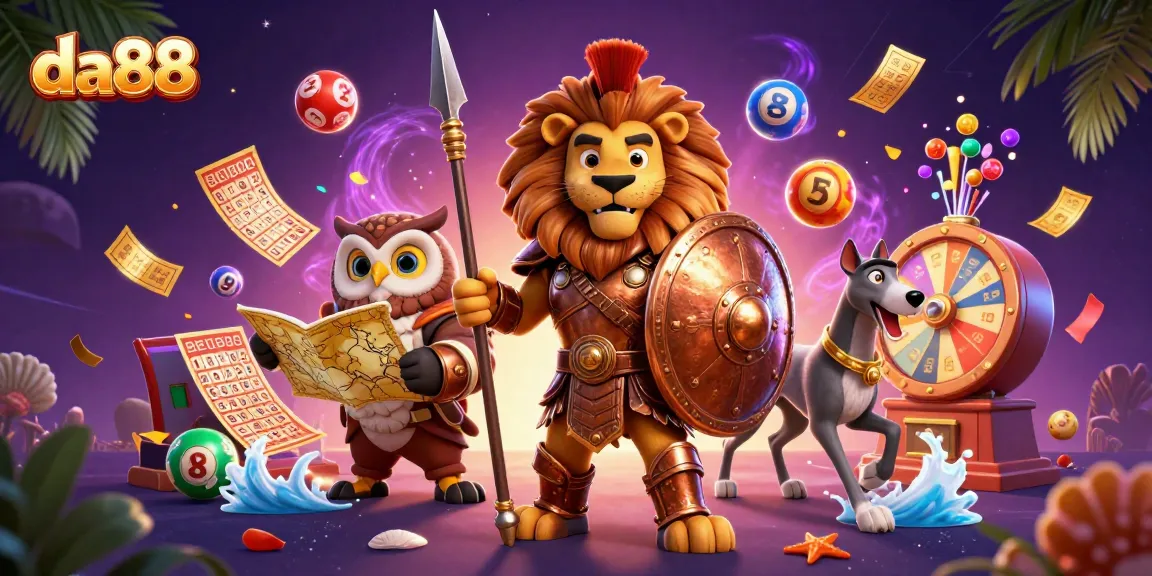Engage with da88's vibrant casino scene featuring a Spartan lion, tactical owl, and swift greyhound amidst lottery excitement.