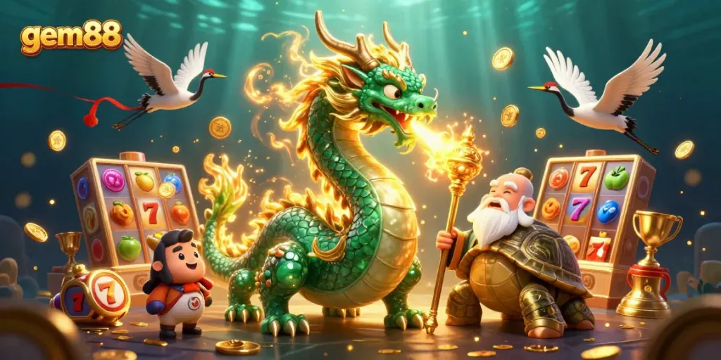 Engage in thrilling jackpot action with gem88, featuring a jade dragon and vibrant slot symbols.