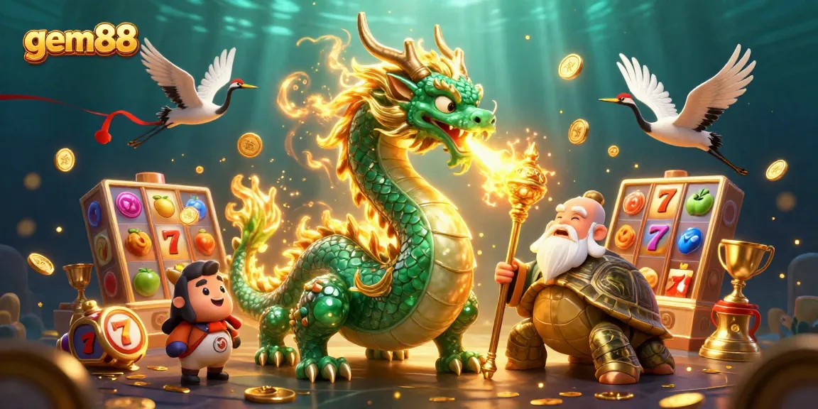 Engage in thrilling jackpot action with gem88, featuring a jade dragon and vibrant slot symbols.