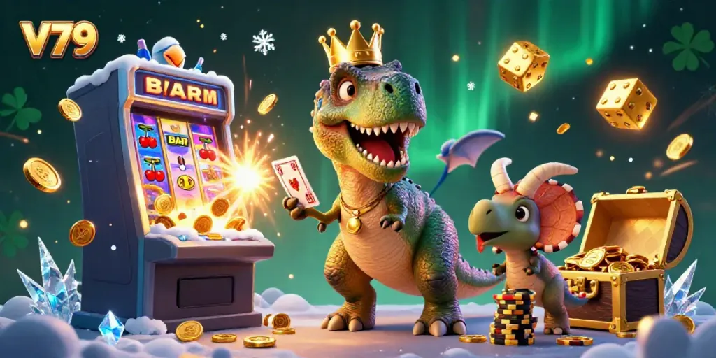 V79 interactive scene with a playful T-Rex shuffling cards while a pterodactyl helps and a triceratops stacks golden chips, showcasing a vibrant casino atmosphere.