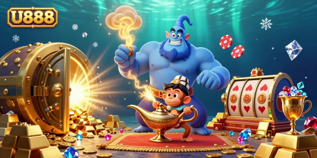 Experience the excitement of U888 with a dynamic casino-themed illustration featuring a muscular genie and magical elements.