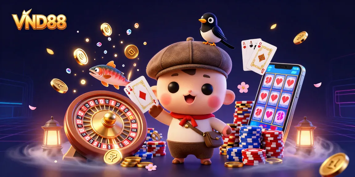 Spin the lucky reels with VND88 while enjoying a vibrant casino-themed 3D illustration.
