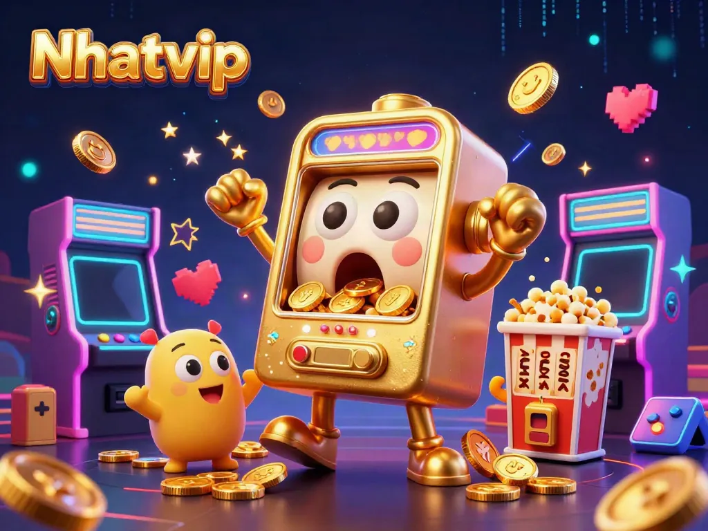 Nhatvip showcases an exciting jackpot win with vibrant gaming elements and a cheering crowd.