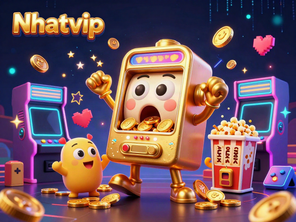 Nhatvip showcases an exciting jackpot win with vibrant gaming elements and a cheering crowd.