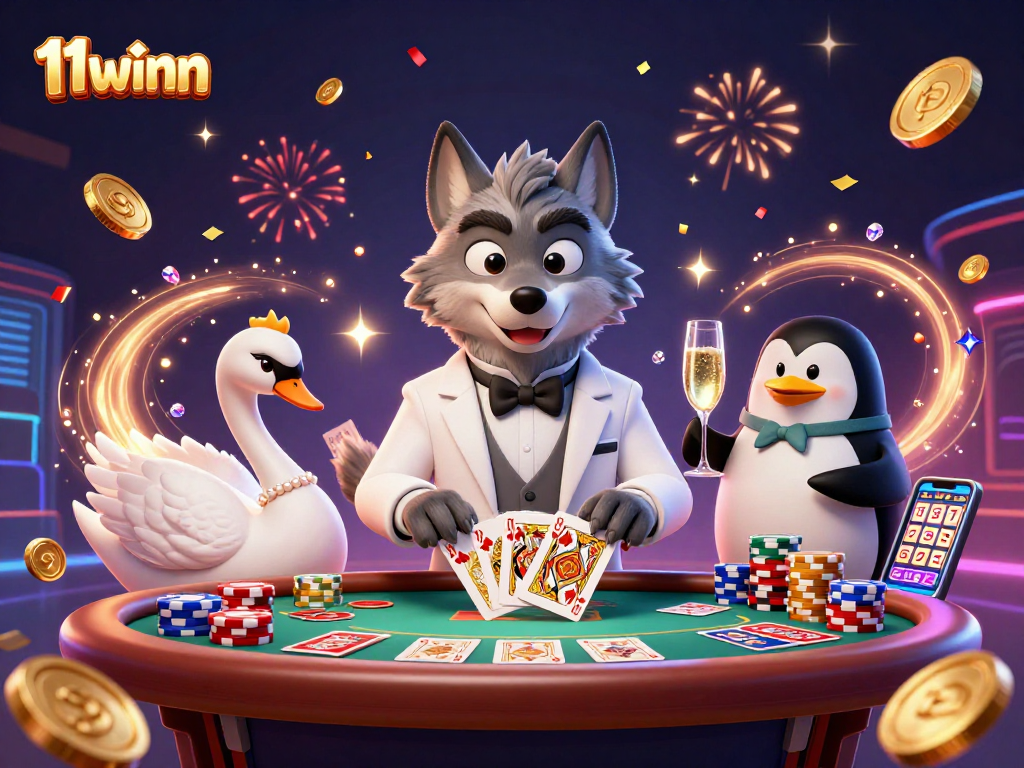 Experience the thrill of 11winn with a debonair wolf, swan dealer, and penguin sommelier at an intense casino scene.