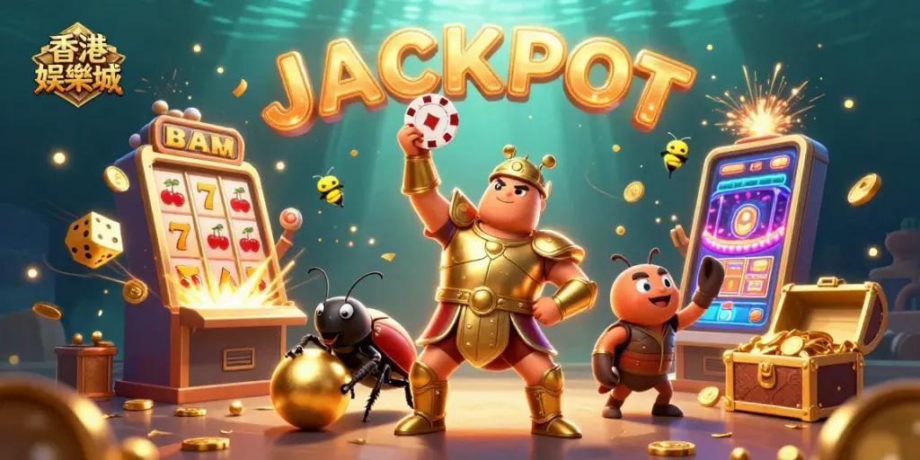 Experience the excitement of 香港娛樂城 with a vibrant 3D illustration showcasing gaming action, jackpots, and casino elements.