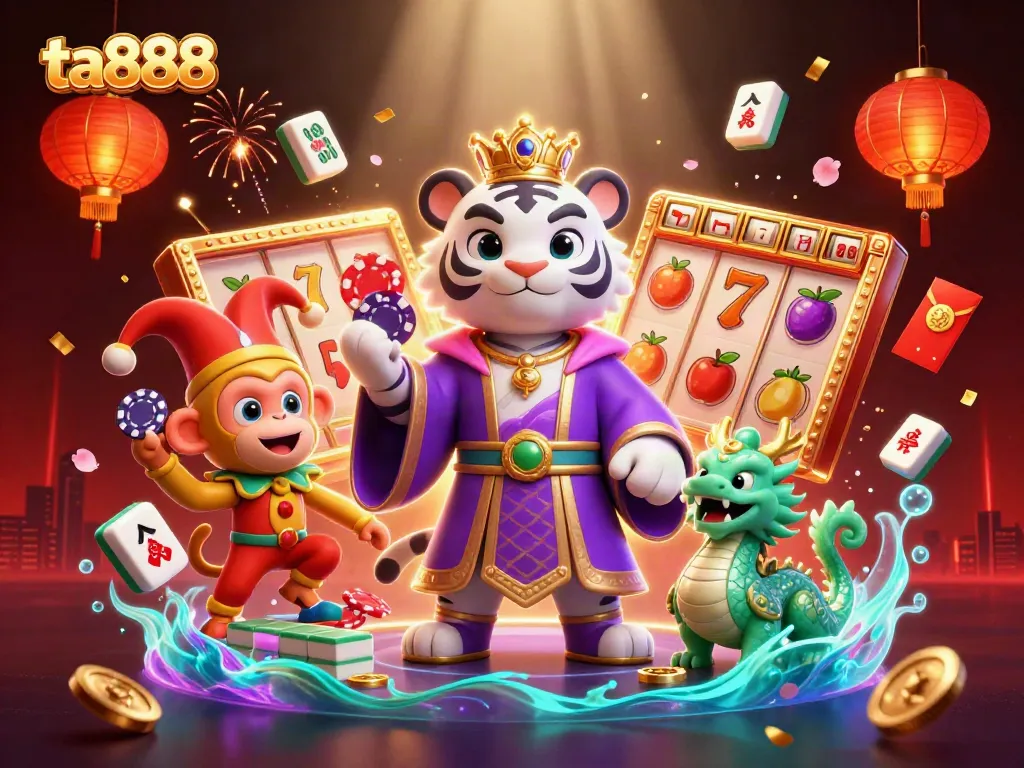Engage in thrilling gaming action at ta888 with a vibrant casino scene, featuring exotic characters and colorful elements.